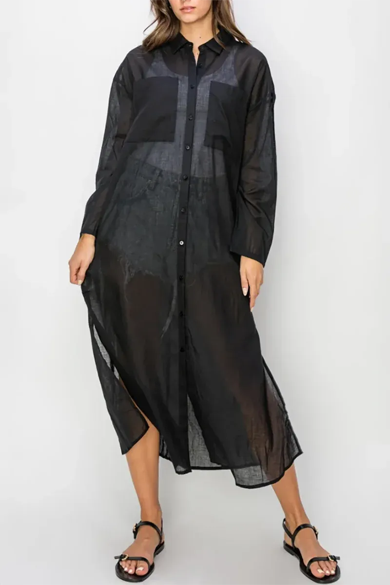 Sheer Linen Button-Down Side Slits Beach Cover-Up