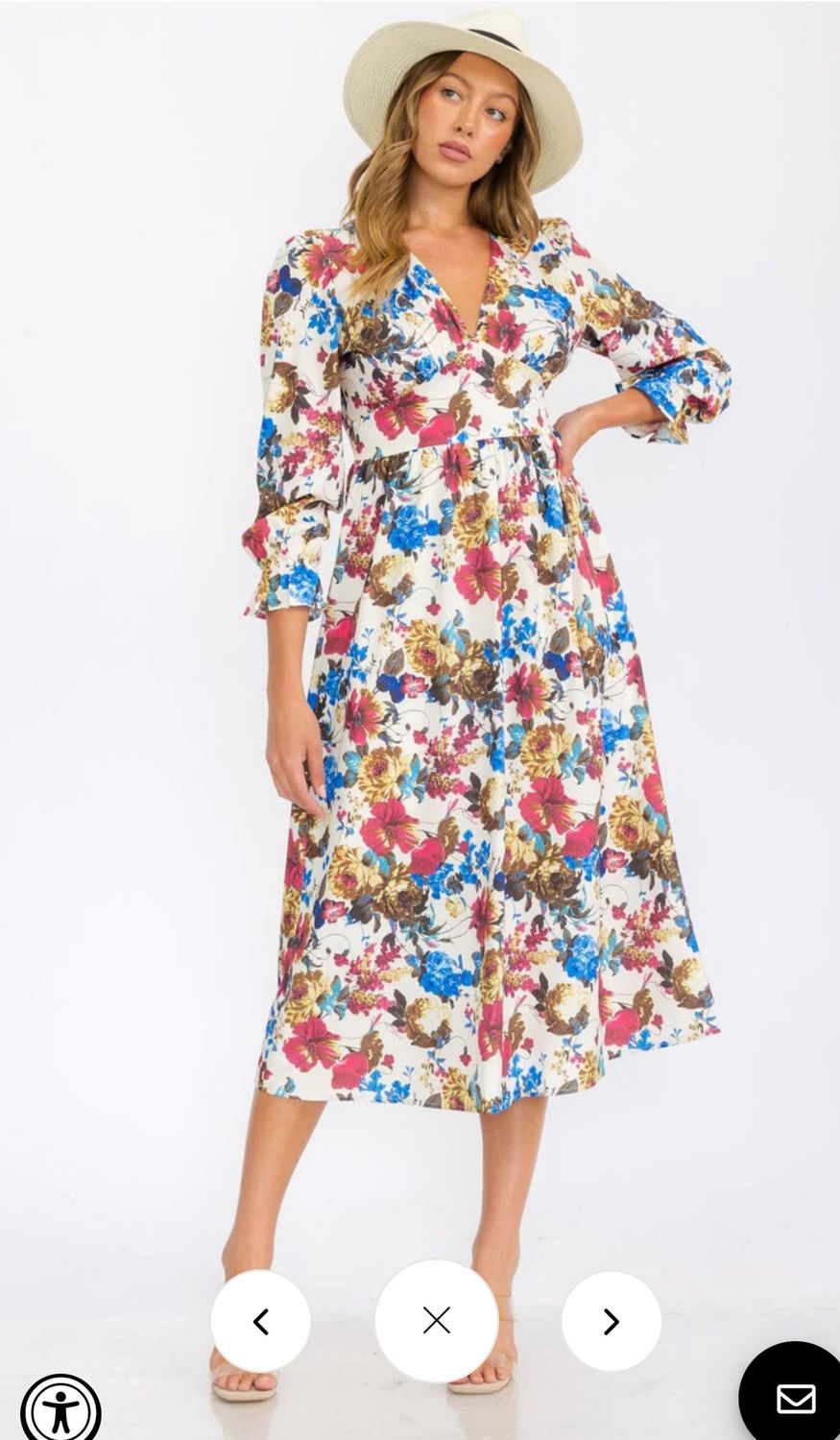 WOMEN&#39;S 3/4 SLEEVES V-NECK ELASTIC WAIST FLORAL PRINT MIDI DRESS