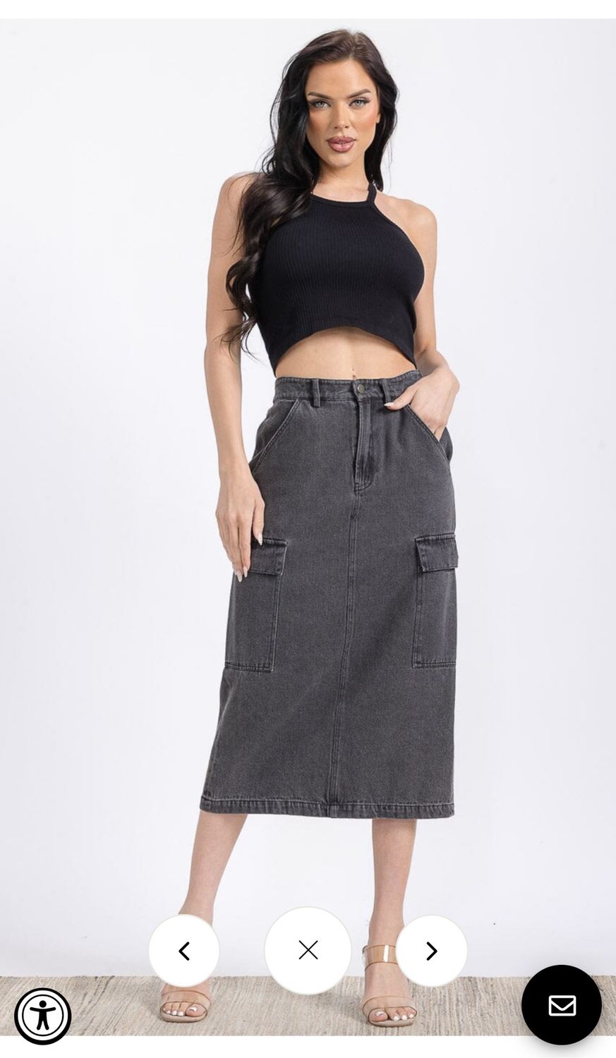 WOMEN&#39;S ELASTIC WAIST BUTTON CLOSURE CARGO POCKETS DENIM MIDI SKIRT