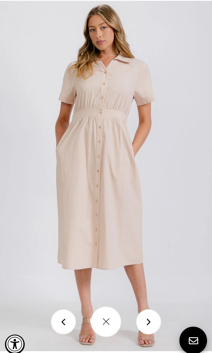 WOMEN&#39;S SHORT SLEEVE FRONT POCKETS BUTTON LINEN MIDI DRESS