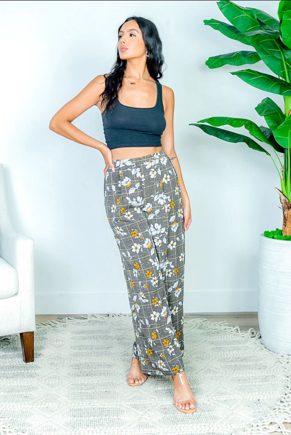 Beige Floral Herringbone Plaid Print Flare Pants