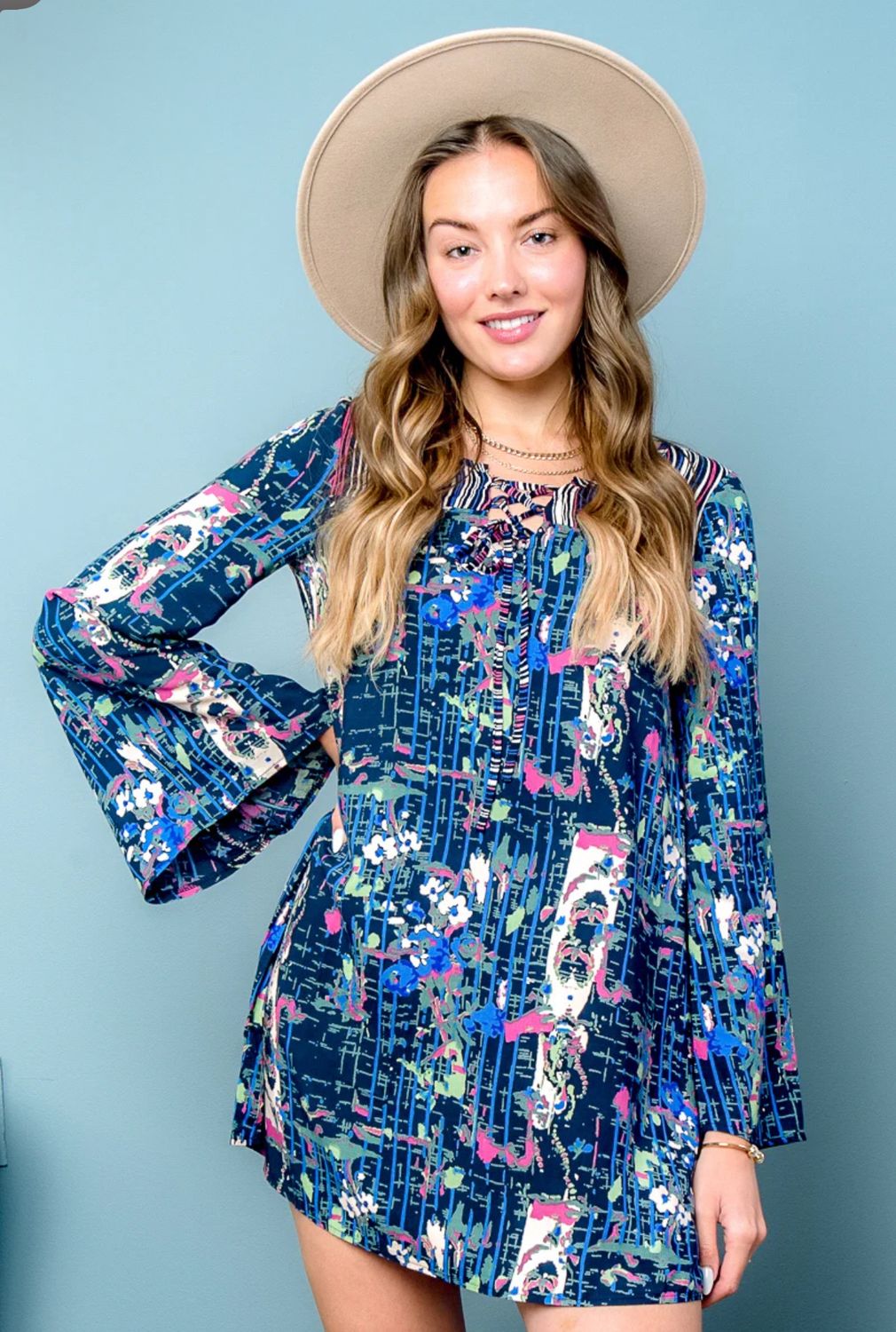 Make a Splash&#39; Multi Color Long Bell Sleeve Mini Dress