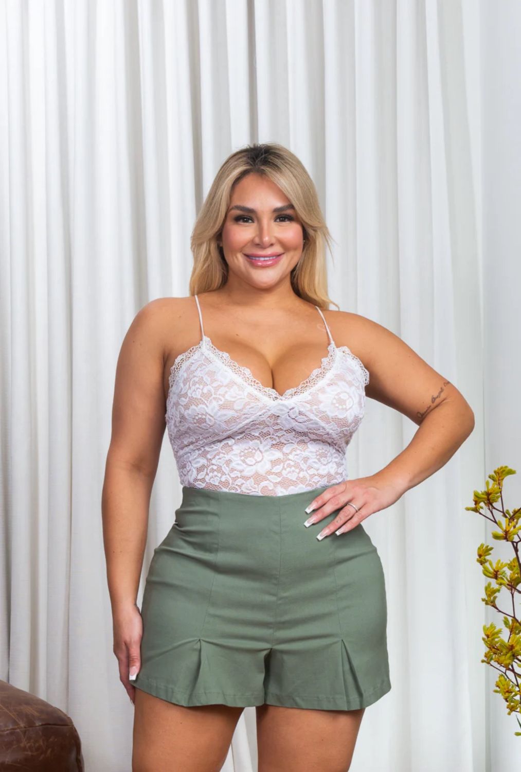 Plus Size Mini Shorts with Box Pleat Hem in Sage