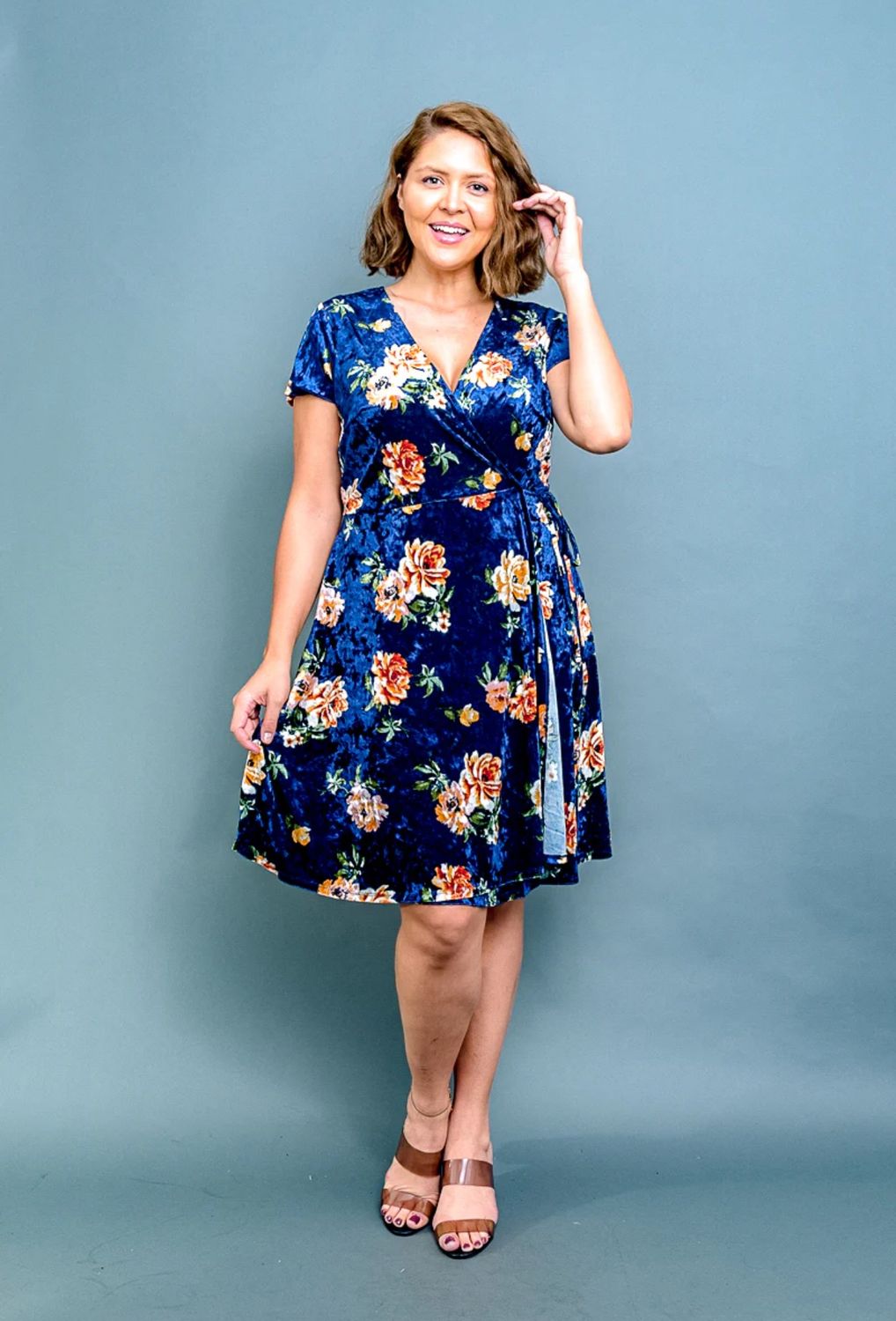 Plus Size Floral Print Velour Surplice V Neck A Line Midi Dress with Tie Waist