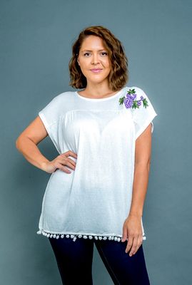 Plus Size Purple Rose Embroidered Cap Sleeve Top with Pom Fringe Hem