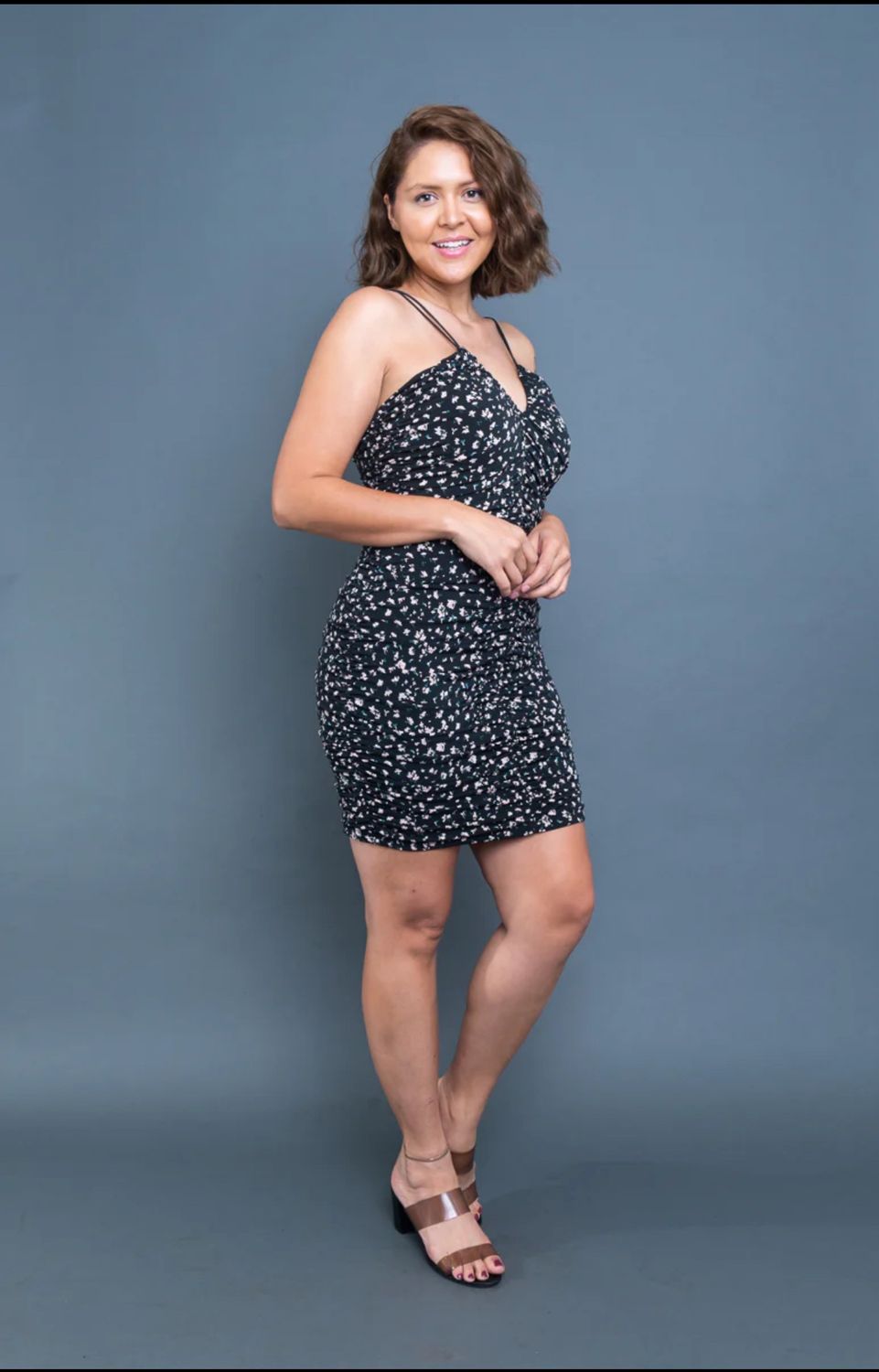 Plus Size Floral Print Double Spaghetti Strap V Neck Ruched Mini Dress in Black