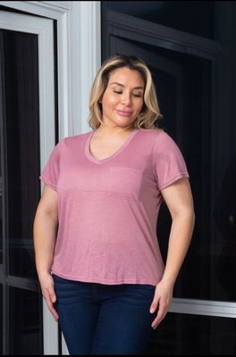 Plus Size Soft V-Neck Short Sleeve Tee Shirt with Front Pocket*