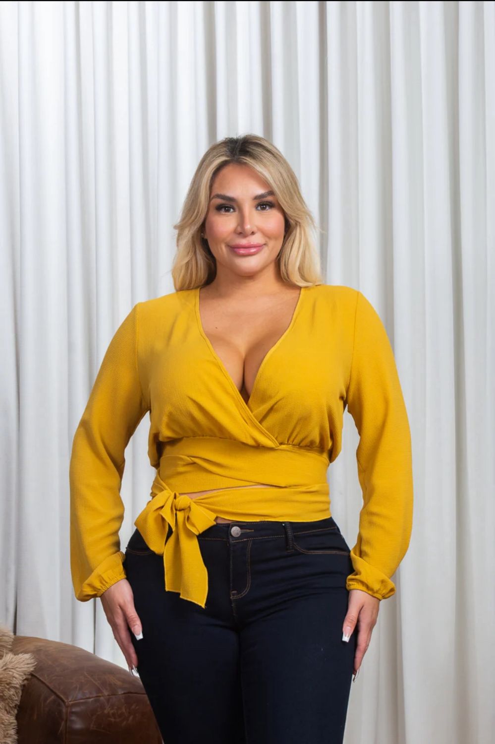 Plus Size Crepe Long Bishop Sleeve V Neck Wrap Crop Top in Mauve