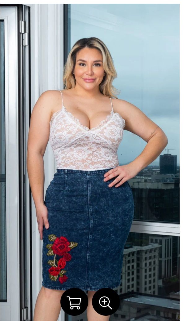 Plus Size Stretch Embroidered Flower Denim Midi Length Pencil Skirt with Back Vent
