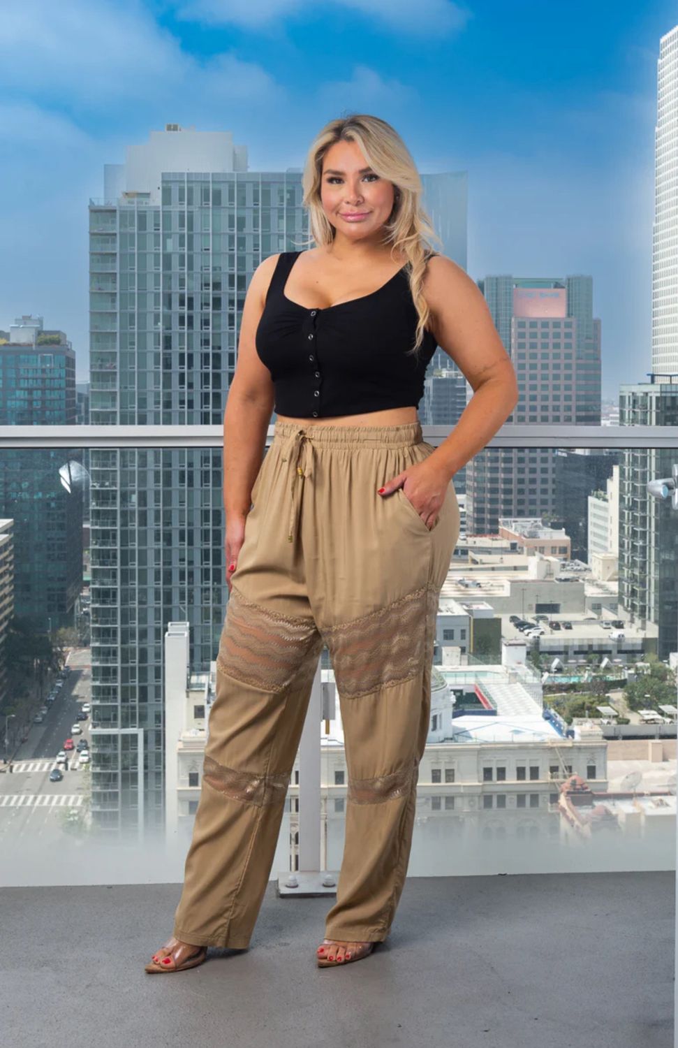 Plus Size Drawstring and Elastic Waist Pants With Lace detail on Legs