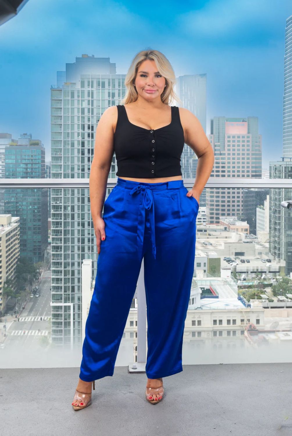 Plus Size Satin Palazzo Pants With Tie Front and 2 Pocket