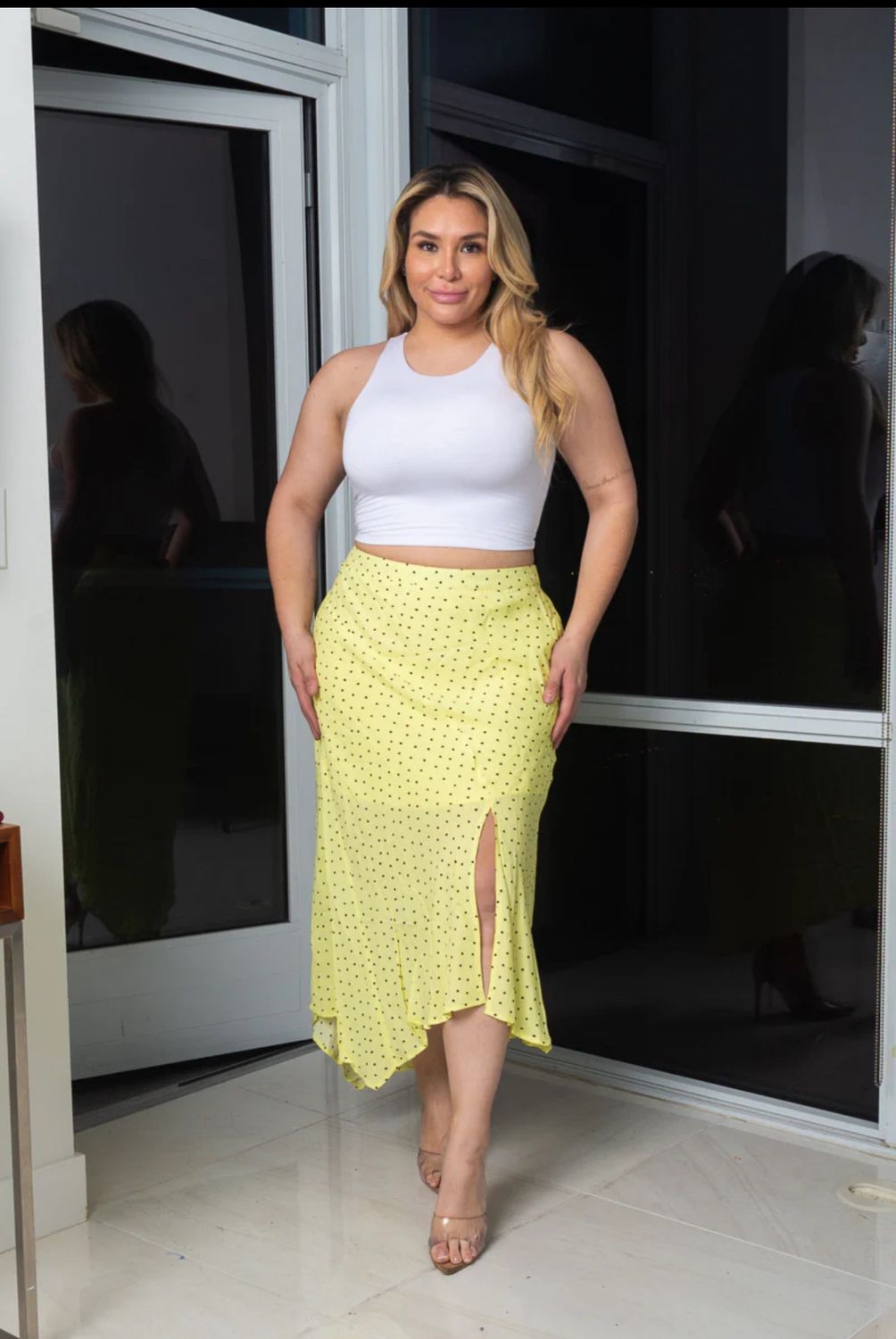 Plus Size Polka Dots Print Asymmetrical Long Skirt Half Lining W/Front Thigh Slit