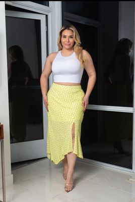 Plus Size Polka Dots Print Asymmetrical Long Skirt Half Lining W/Front Thigh Slit