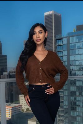 Warm &amp; Cozy&quot; V-Neck Button Down Knit Solid Crop Sweater (9726WN)