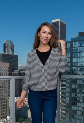 Zip Front 3/4 Sleeve Light Knit Dolman V-Neck Top (
