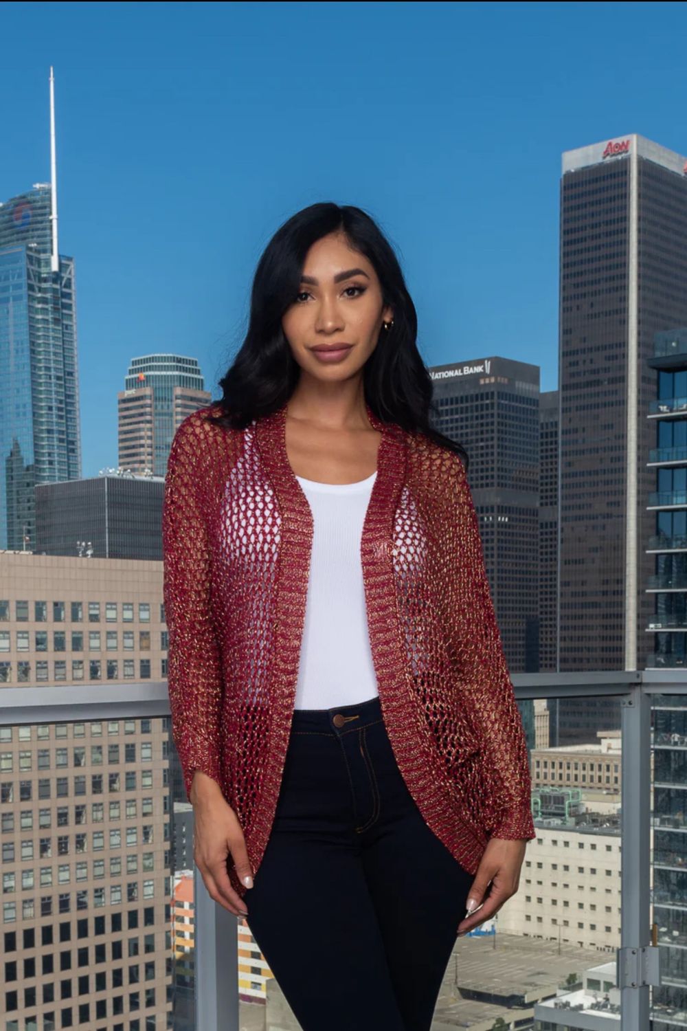 Metallic Open Front Crochet Knit Cardigan Vest (