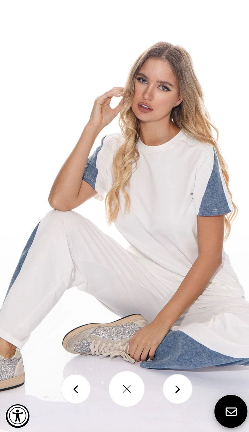 WOMEN&#39;S SHORT SLEEVE TOP &amp; ELASTIC WAIST PANTS DENIM CONTRAST 2PC. SET