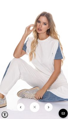 WOMEN&#39;S SHORT SLEEVE TOP &amp; ELASTIC WAIST PANTS DENIM CONTRAST 2PC. SET