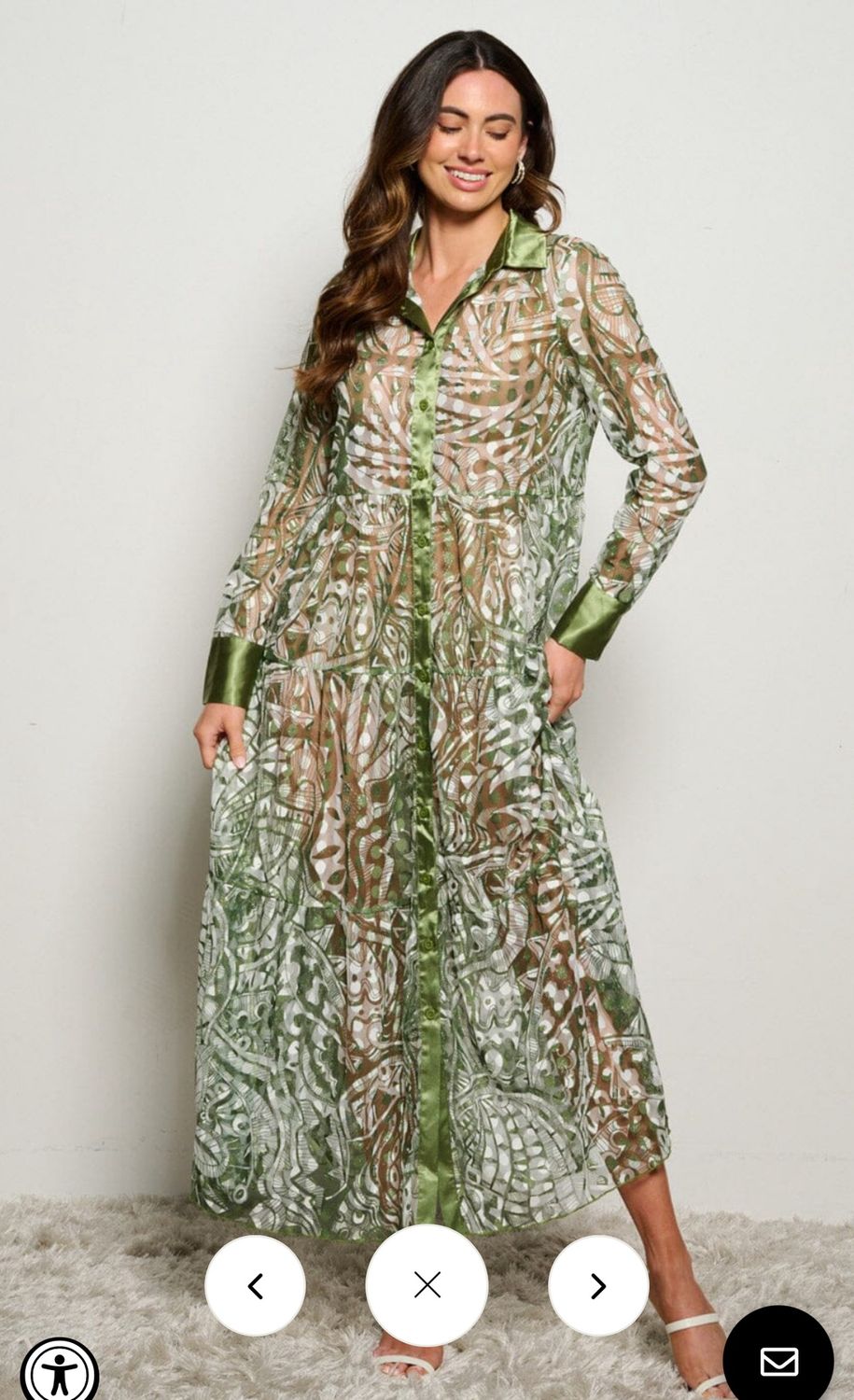 WOMEN&#39;S LONG SLEEVE BUTTON UP MESH MULTI PRINT TIERED MAXI DRESS