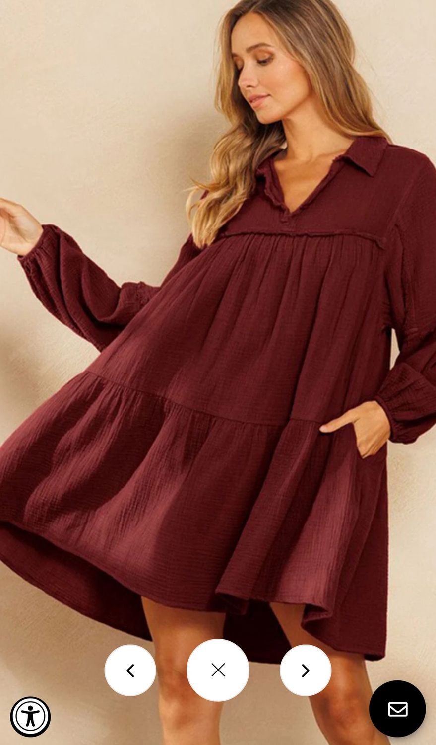 WOMEN&#39;S LONG SLEEVE V-NECK FRONT POCKETS TIERED MIDI DRESS
