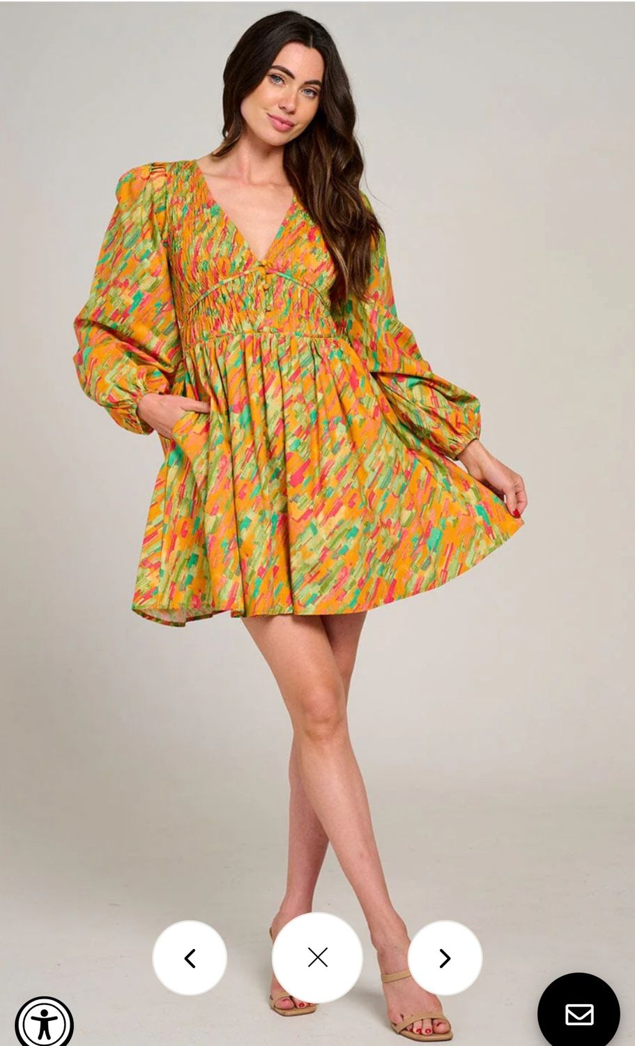 WOMEN&#39;S LONG SLEEVE V-NECK SMOCK MULTI PRINT FIT &amp; FLARE MINI DRESS