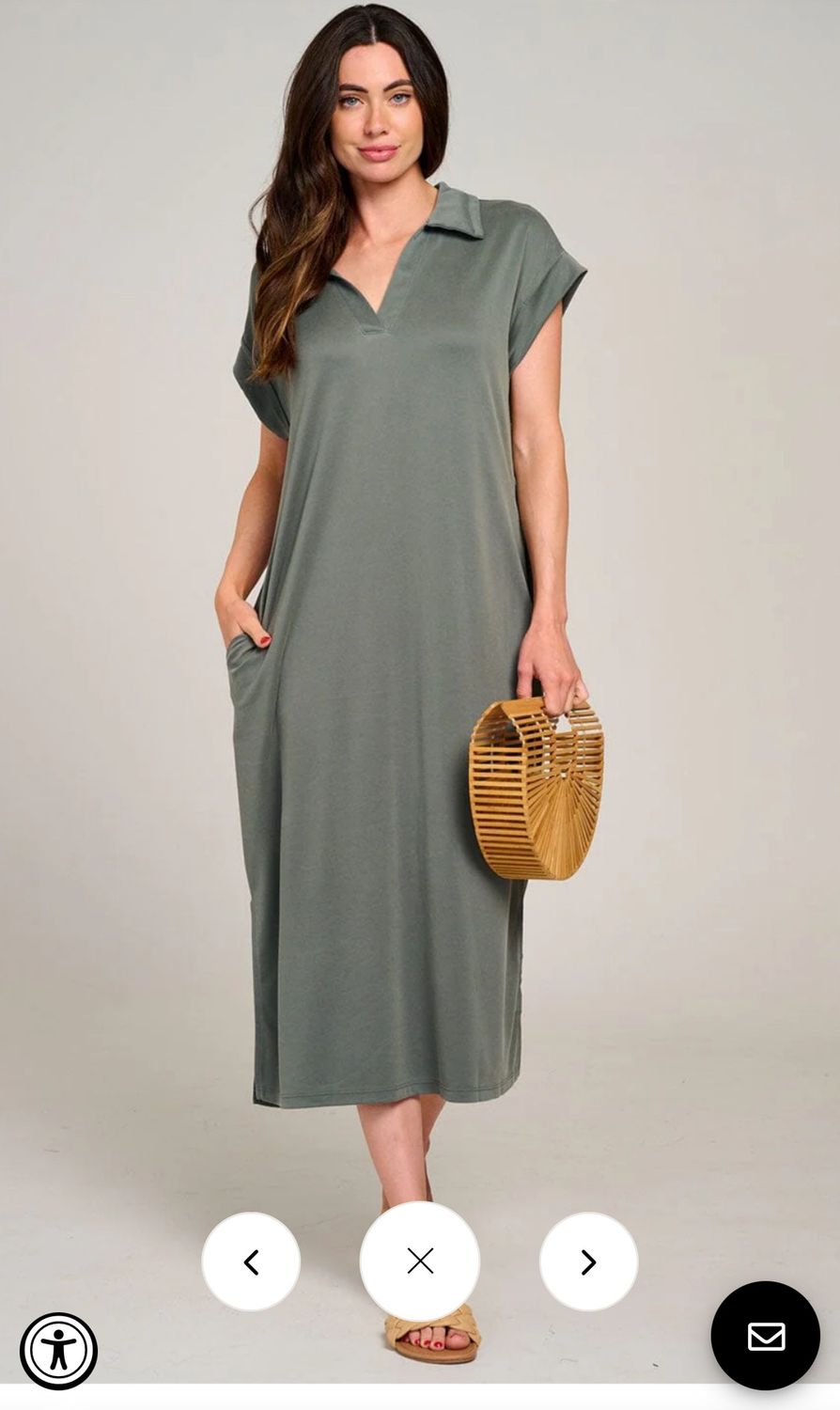 WOMEN&#39;S SHORT SLEEVE V-NECK SIDE SLIT FRONT POCKET LOOSE FIT MAXI DRESS