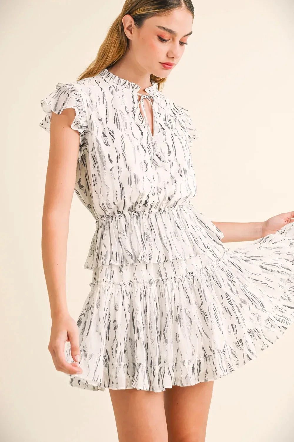 White Abstract Print Ruffle Flutter Sleeves
