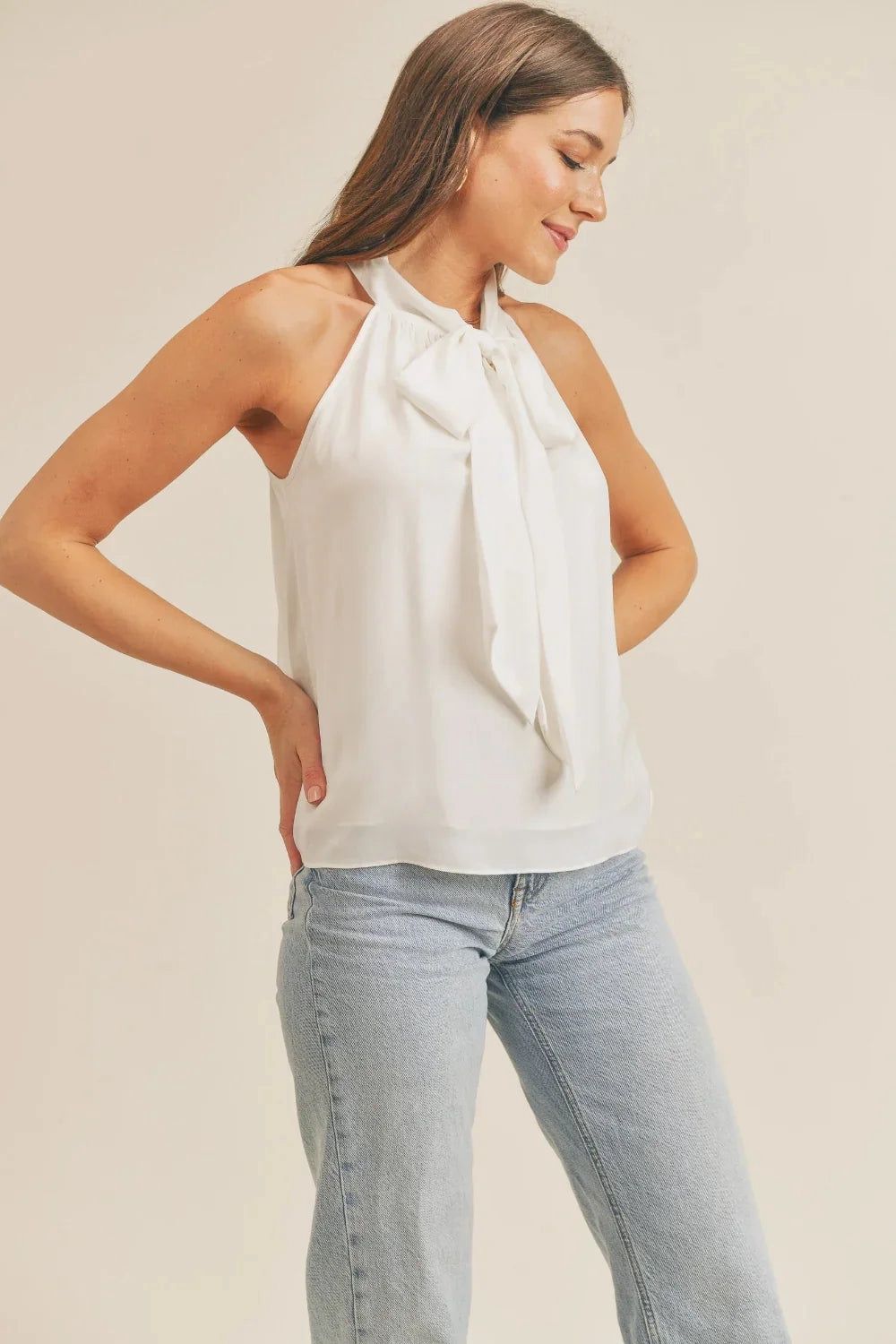 Luxe Satin Sleeveless Tie Neck Halter Top with Bow Detail Boutique Blouse White