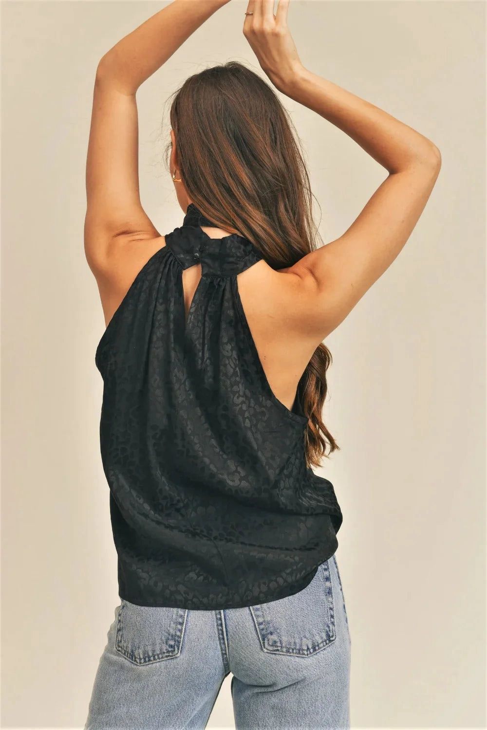 Monochrome Cheetah Animal Sleeveless Tie Neck Halter Top with Bow Detail Blouse