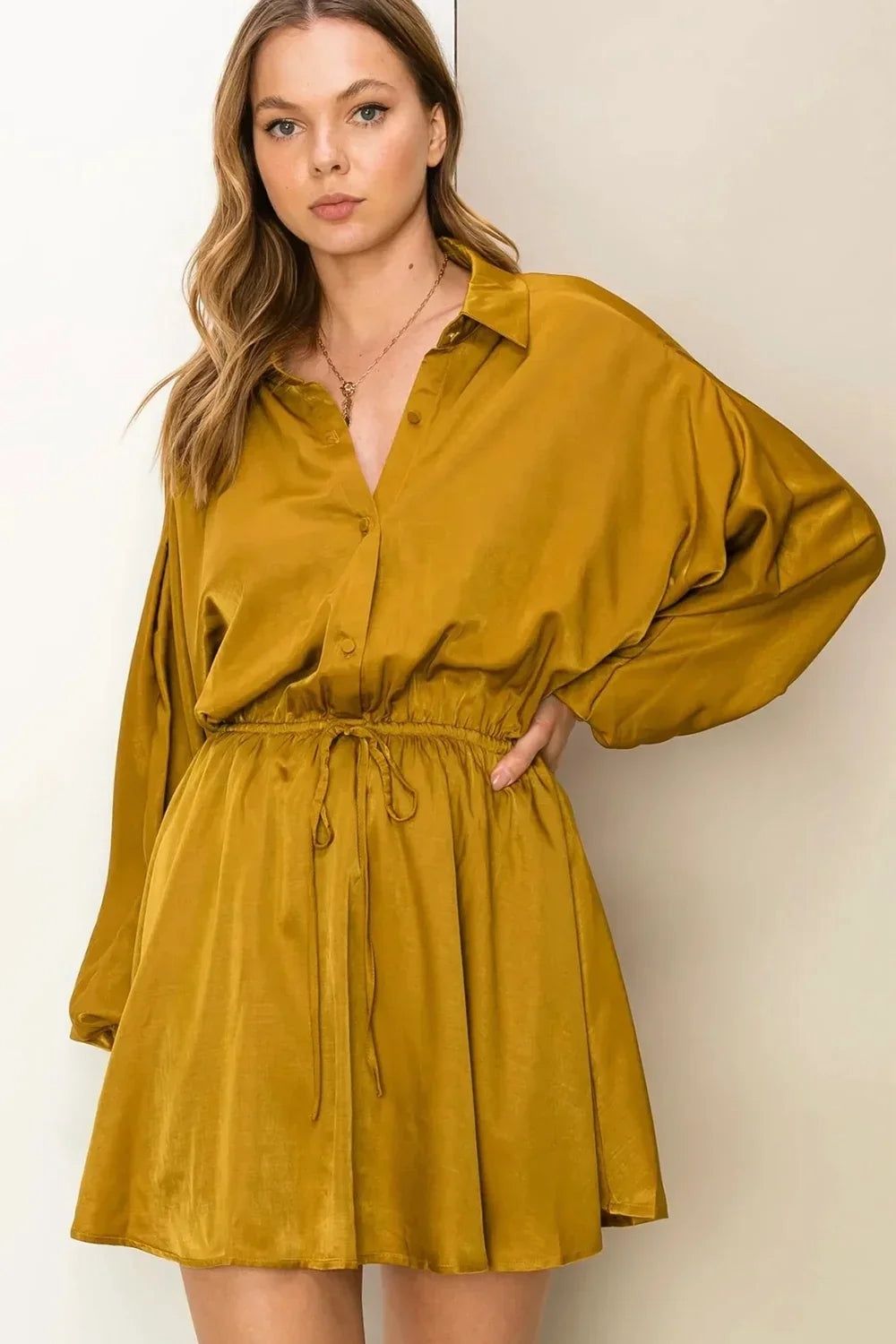 Button Front Balloon Sleeve Mini Dress Women&#39;s Wholesale Boutique