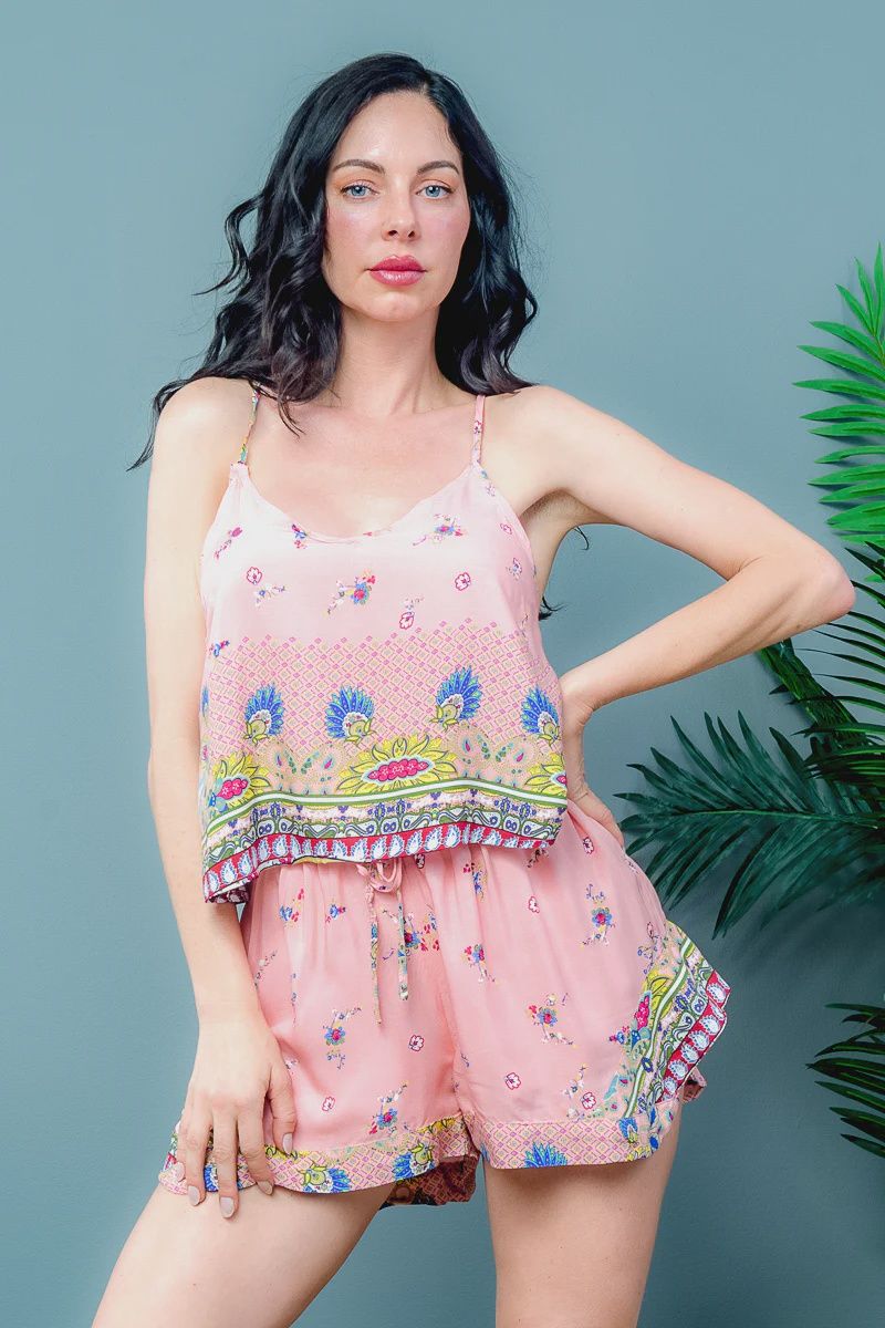 Elastic Waist Lining Short Spaguetti Strap Top Set
