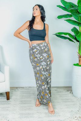 Beige Floral Herringbone Plaid Print Flare Pants