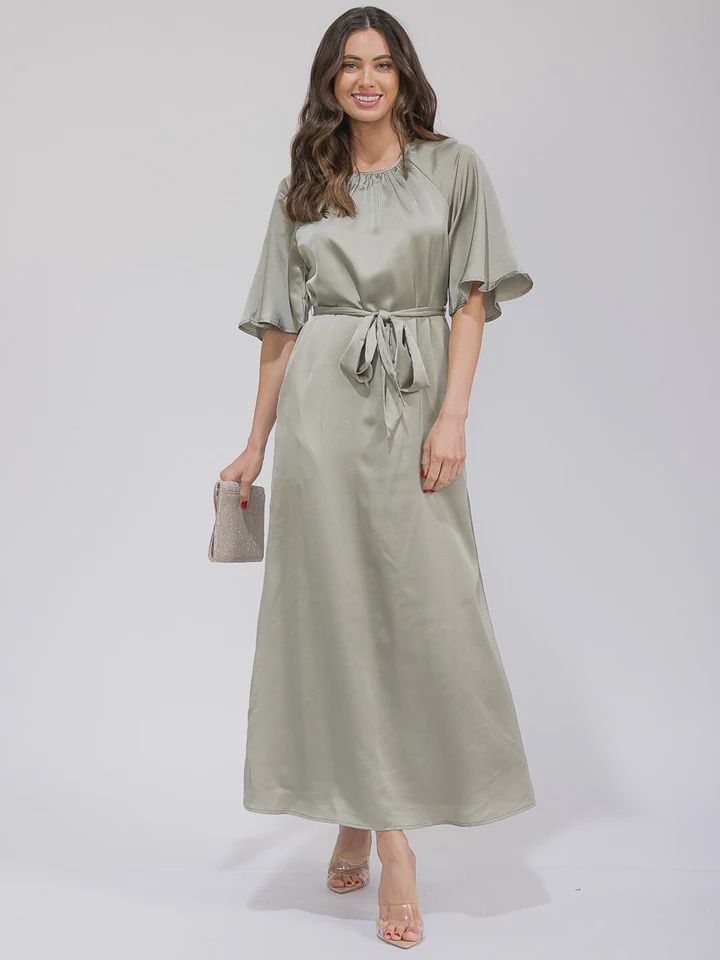 WOMEN'S SHORT SLEEVE POCKETS SEKF TIE SATIN MAXI DRESS