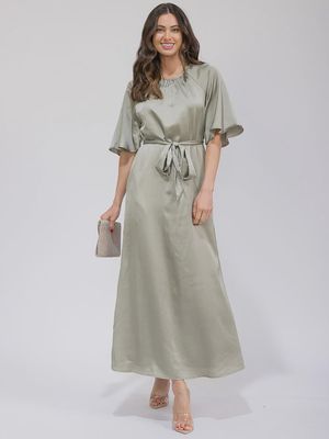 WOMEN'S SHORT SLEEVE POCKETS SEKF TIE SATIN MAXI DRESS