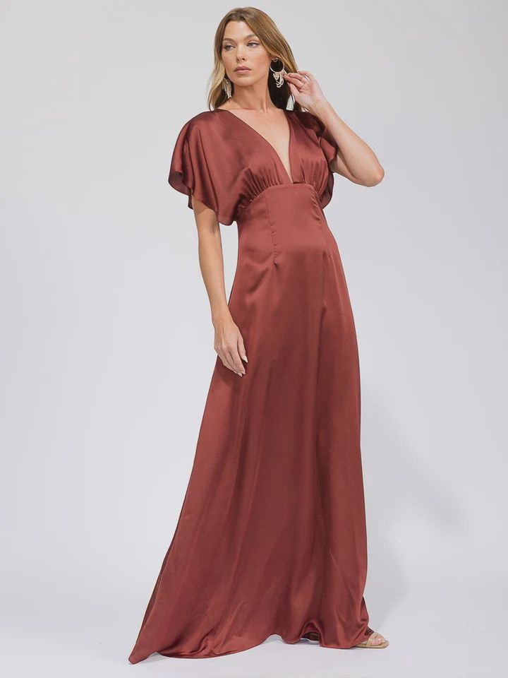 WOMEN'S SHORT SLEEVE V-NECK BACK CUT OUT MAXI  DRESS