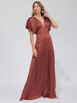 WOMEN'S SHORT SLEEVE V-NECK BACK CUT OUT MAXI  DRESS