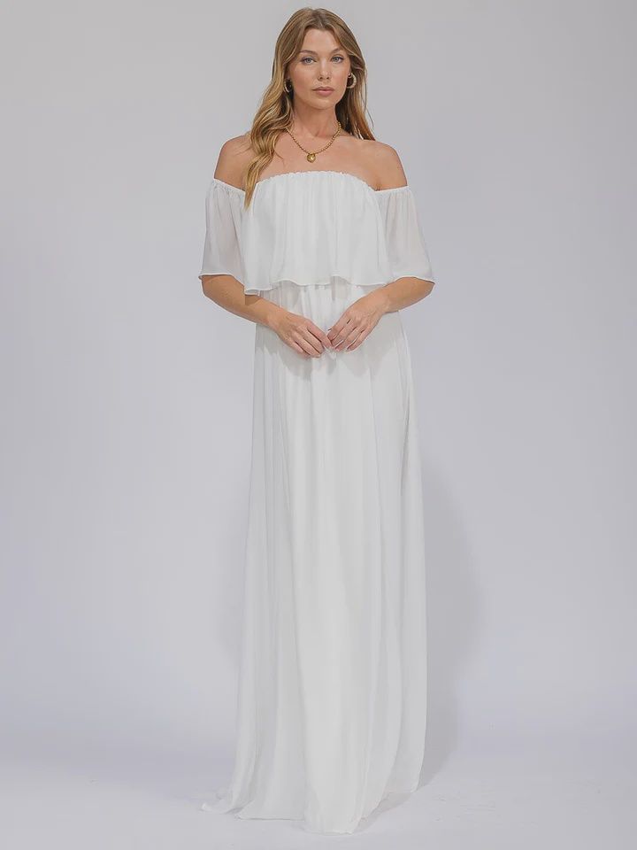 WOMEN'S SHORT SLEEVE OFF SHOULDER ELASTIC WAIST MAXI DRESS