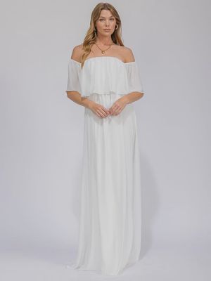 WOMEN'S SHORT SLEEVE OFF SHOULDER ELASTIC WAIST MAXI DRESS