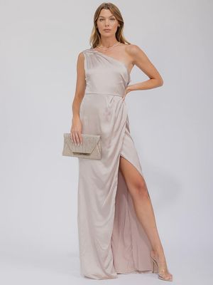 WOMEN'S SLEEVELESS ONE SHOULDER SURPLICE FRONT SLIT MAXI GOWN DRESS