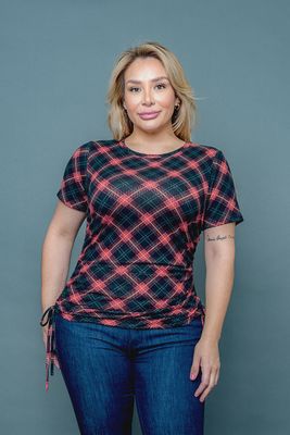 Plus Size Argyle Print Short Sleeve Top with Drawstring Ruched Sides