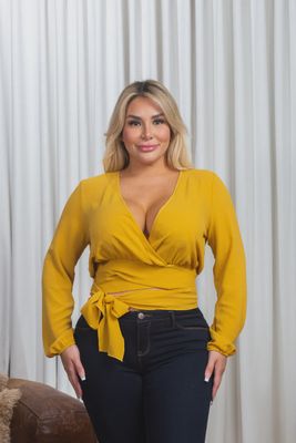 Plus Size Crepe Long Bishop Sleeve V Neck Wrap Crop Top in Mauve