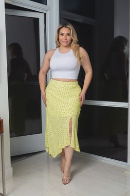 Plus Size Polka Dots Print Asymmetrical Long Skirt Half Lining W/Front Thigh Slit