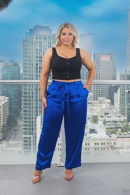 Plus Size Satin Palazzo Pants With Tie Front and 2 Pocket