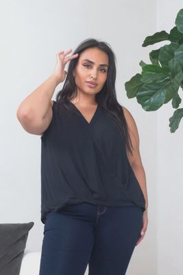 Plus Size Sleeveless Crepe Chiffon Surplice Neck Wrap Top in Black