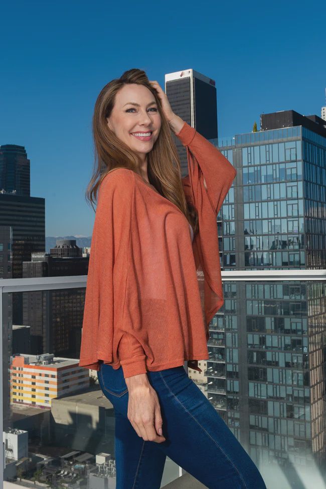 Open Front Knit Short Sleeve Kimono Cardigan In Rust