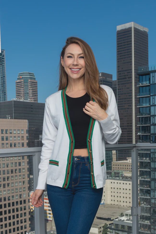 Varsity Style V-Neck Front Buttons Knit Cardigan Sweater W/Front Green contrast Stripes