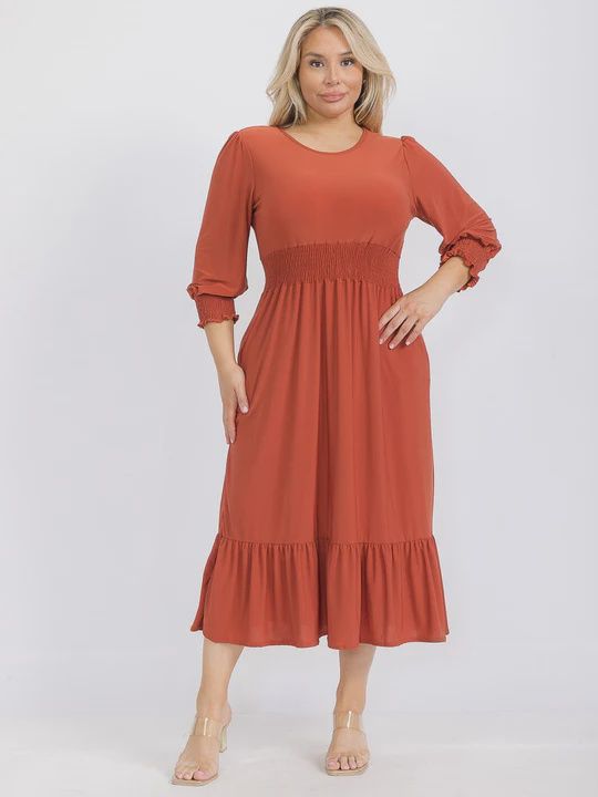 Plus Size 3-4 Sleeve Smock Waist Front Pockets Ruffle Bottom Hem Maxi Dress