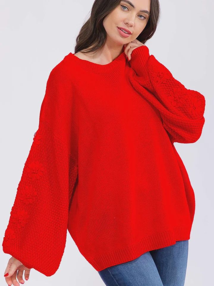 Women's Long Balloon Sleeve Floral Embroidery Detailed Knit Pullover Sweater