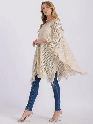 Women's Short Sleeve Fringe Trim Knit Poncho