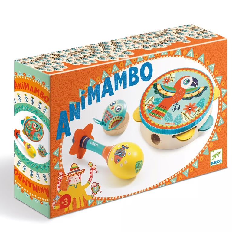 Set de 3 instrumentos: pandereta, maraca y castañuela.